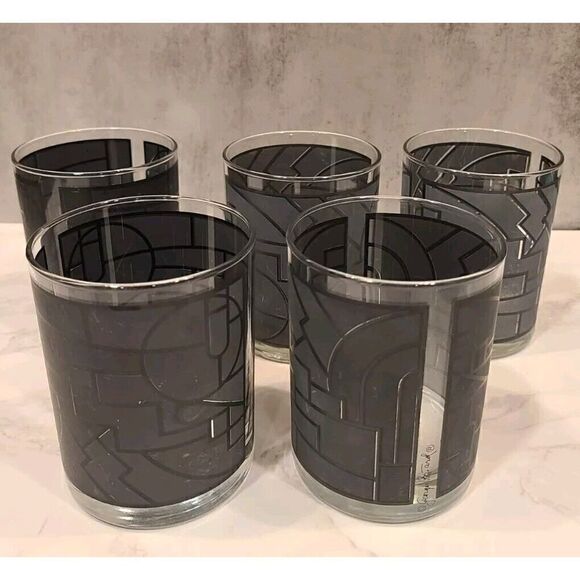 Georges Briard Double Old Fashion Glasses Art Deco Gray Geometric Design MCM (5) - Picture 7 of 16